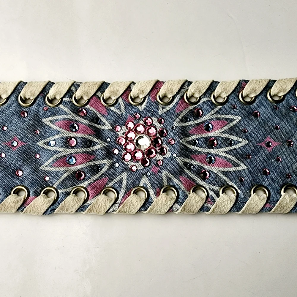 OOAK Textile blue, hot pink rhinestone and suede band snap button bracelet,